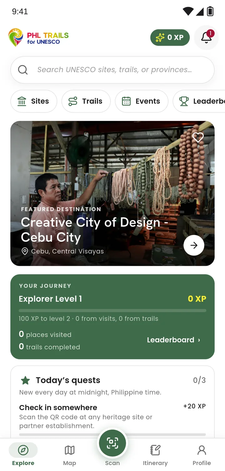 The app's Explore screen: search, shortcuts, a featured destination and your journey so far